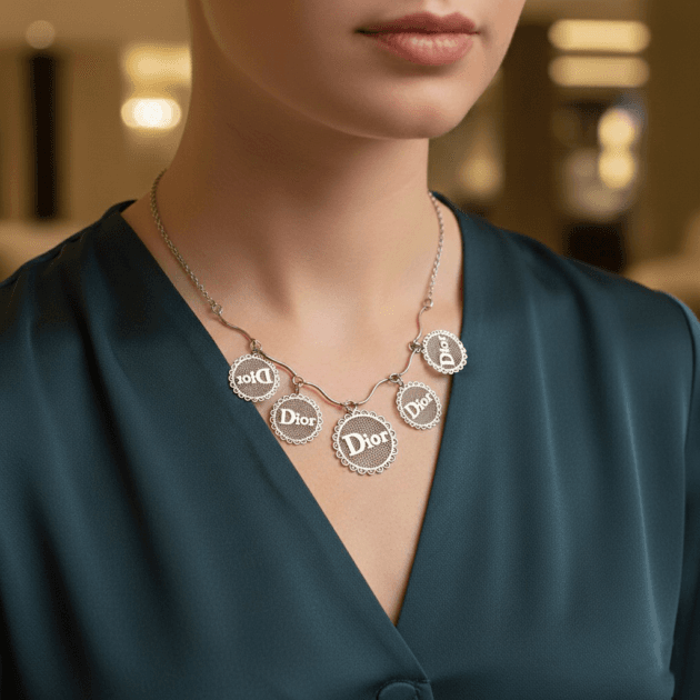 طوق فضي بقلادات دائرية تحمل شعار Dior على رقبة امرأة